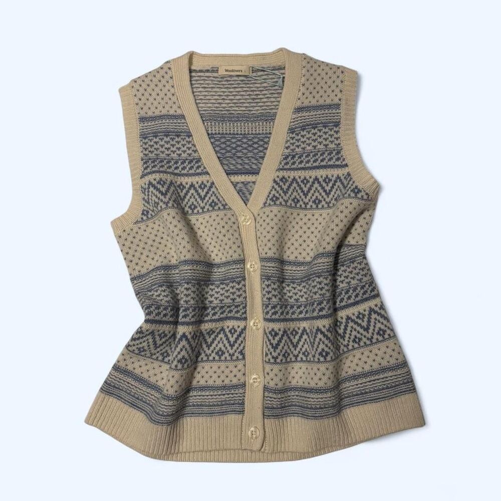 WoolOvers Men's Nordic Print Blue and Cream Sleeveless Cardigan Sweater